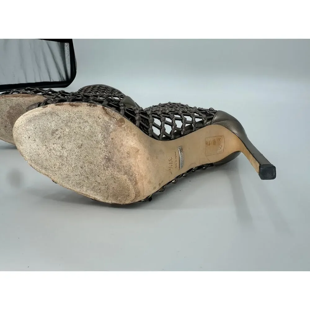 Gucci Eline Metallic Bronze Woven Leather Cage Peep Toe Booties Women's EU 37.5